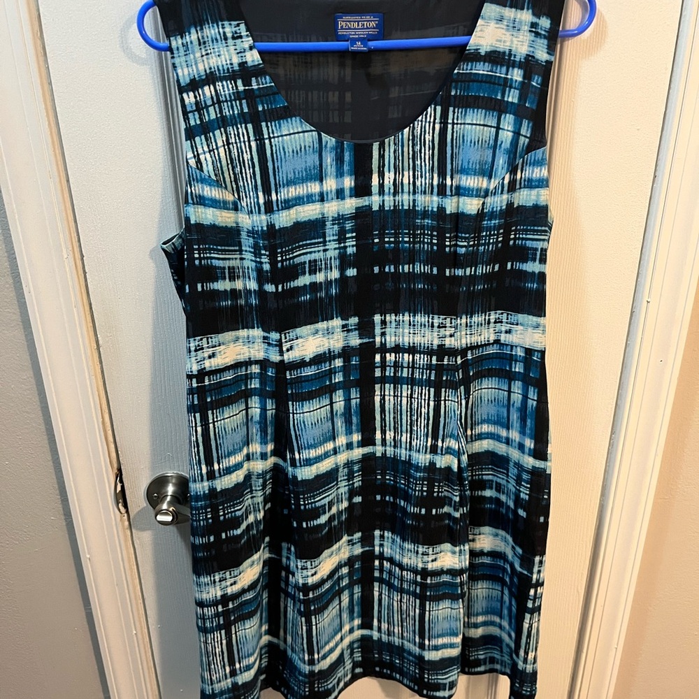 Pendleton Blue Plaid Business Preppy pleated lined short sleeve dress size 14